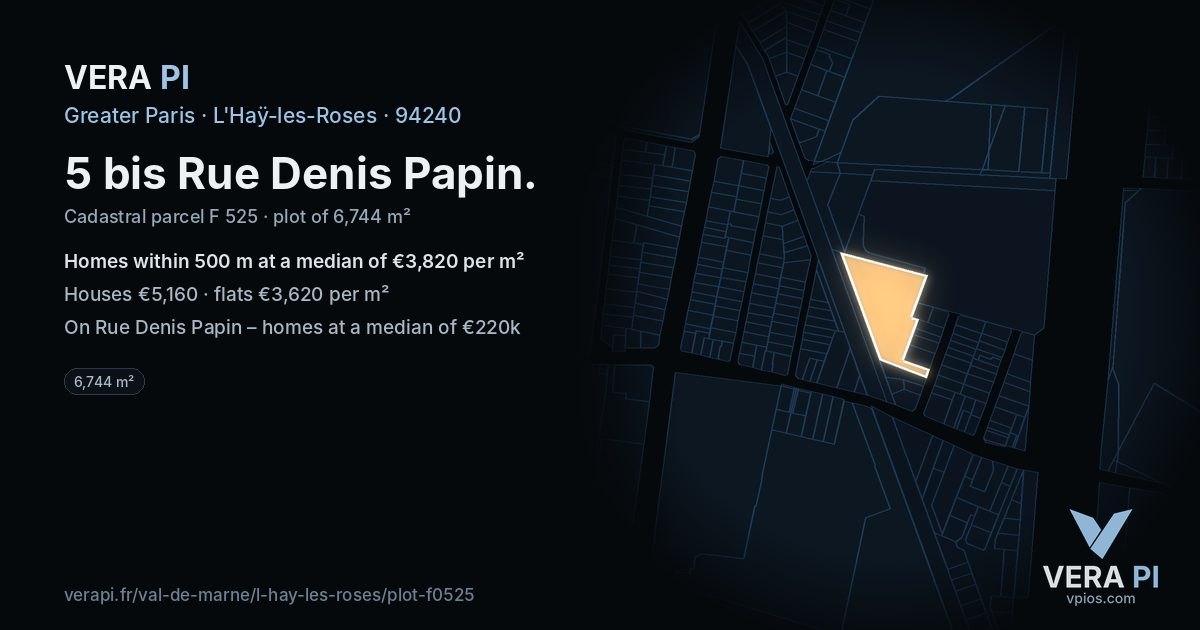 5 bis Rue Denis Papin, L'Haÿ-les-Roses at night – the plot lit, the parcels around coloured by the prices near them