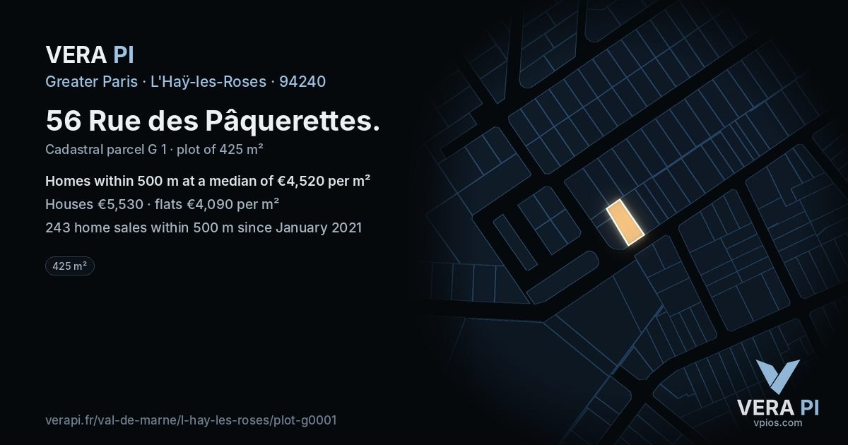 56 Rue des Pâquerettes, L'Haÿ-les-Roses at night – the plot lit, the parcels around coloured by the prices near them