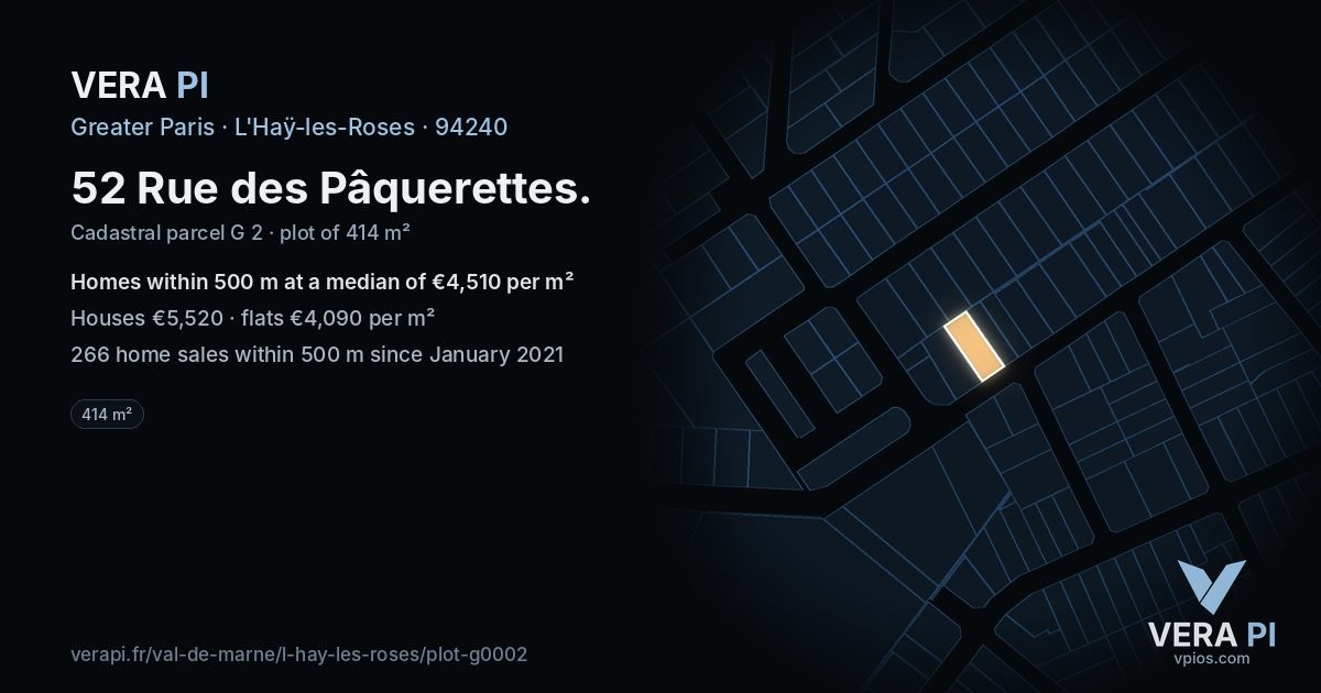 52 Rue des Pâquerettes, L'Haÿ-les-Roses at night – the plot lit, the parcels around coloured by the prices near them