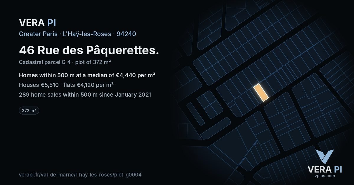 46 Rue des Pâquerettes, L'Haÿ-les-Roses at night – the plot lit, the parcels around coloured by the prices near them