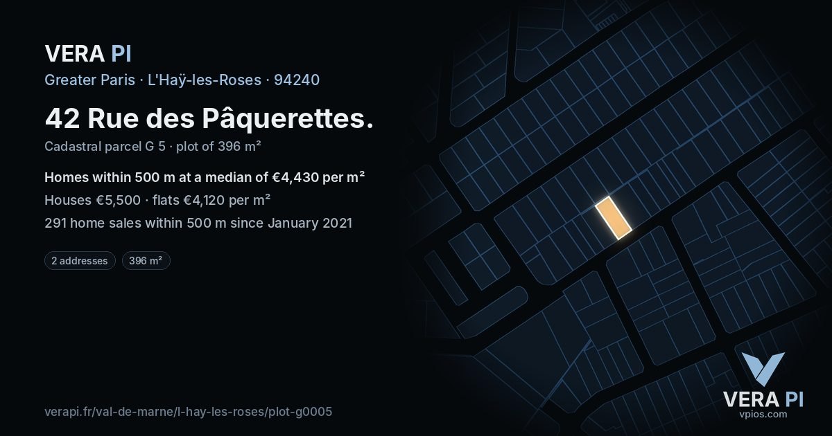42 Rue des Pâquerettes, L'Haÿ-les-Roses at night – the plot lit, the parcels around coloured by the prices near them