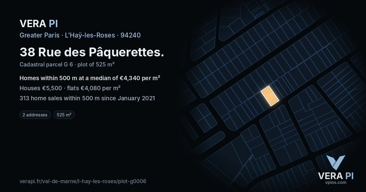 38 Rue des Pâquerettes, L'Haÿ-les-Roses at night – the plot lit, the parcels around coloured by the prices near them