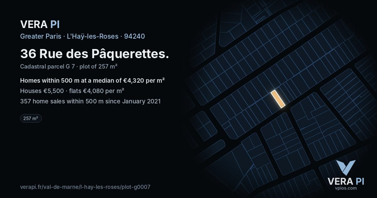 36 Rue des Pâquerettes, L'Haÿ-les-Roses at night – the plot lit, the parcels around coloured by the prices near them