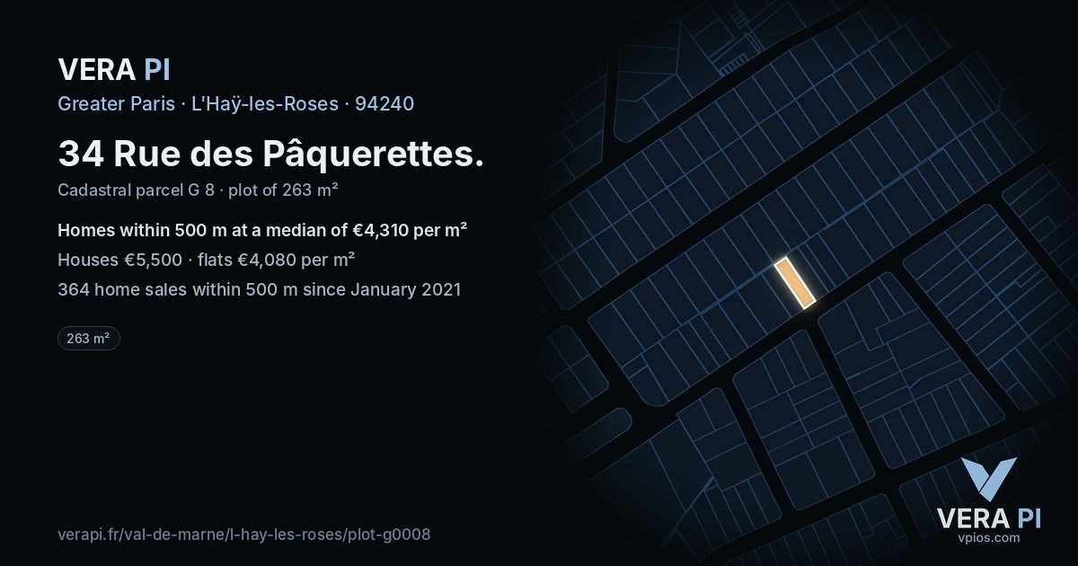 34 Rue des Pâquerettes, L'Haÿ-les-Roses at night – the plot lit, the parcels around coloured by the prices near them