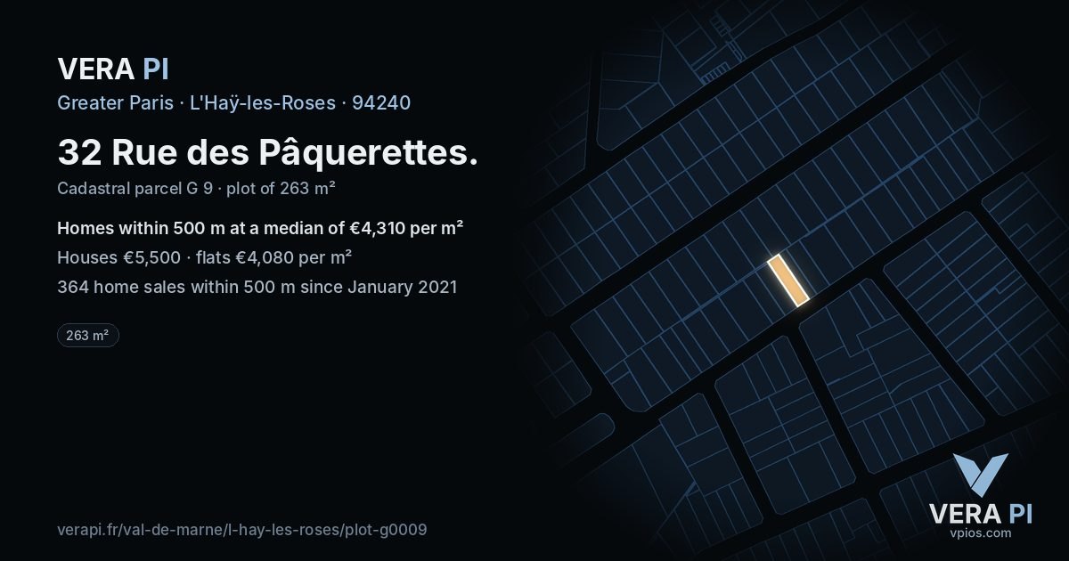 32 Rue des Pâquerettes, L'Haÿ-les-Roses at night – the plot lit, the parcels around coloured by the prices near them