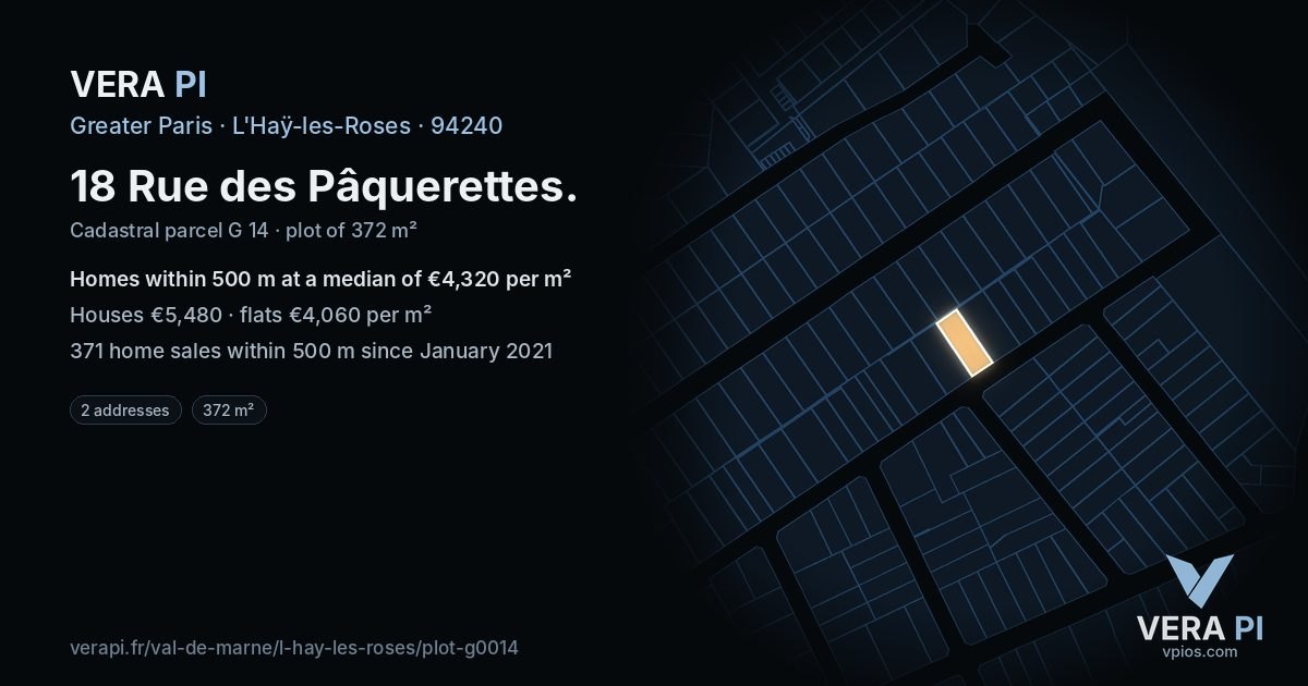 18 Rue des Pâquerettes, L'Haÿ-les-Roses at night – the plot lit, the parcels around coloured by the prices near them