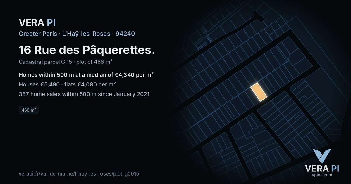 16 Rue des Pâquerettes, L'Haÿ-les-Roses at night – the plot lit, the parcels around coloured by the prices near them