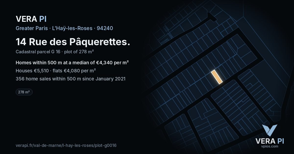 14 Rue des Pâquerettes, L'Haÿ-les-Roses at night – the plot lit, the parcels around coloured by the prices near them