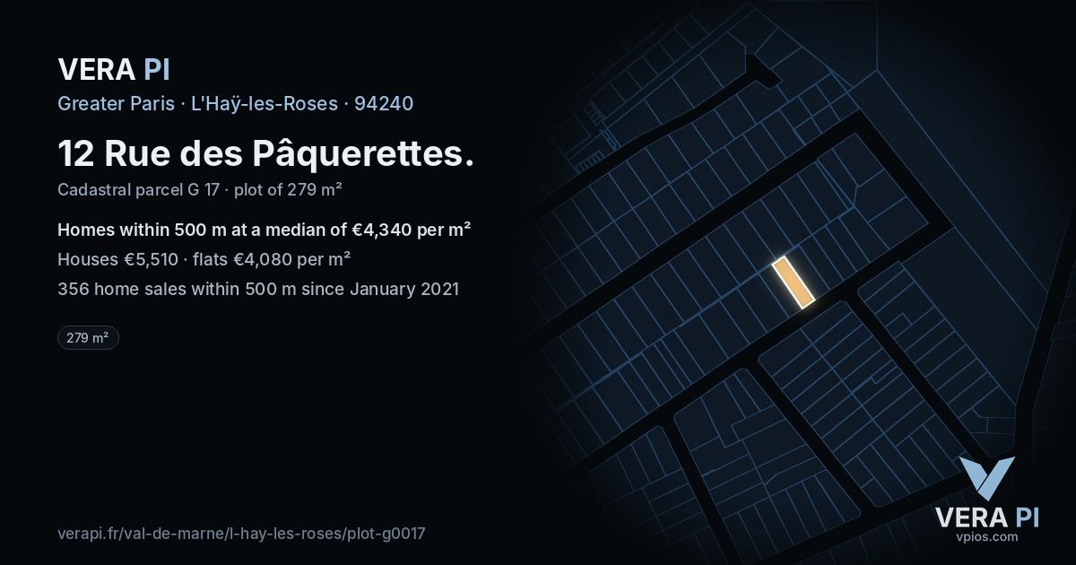 12 Rue des Pâquerettes, L'Haÿ-les-Roses at night – the plot lit, the parcels around coloured by the prices near them