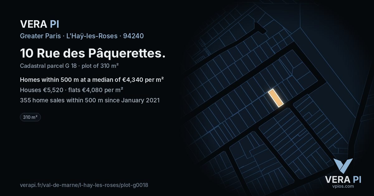 10 Rue des Pâquerettes, L'Haÿ-les-Roses at night – the plot lit, the parcels around coloured by the prices near them