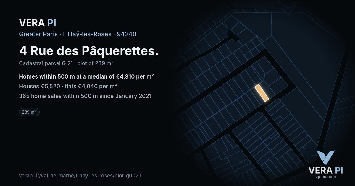 4 Rue des Pâquerettes, L'Haÿ-les-Roses at night – the plot lit, the parcels around coloured by the prices near them