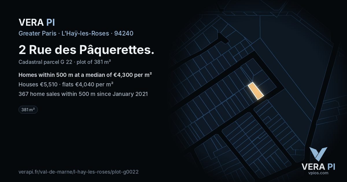2 Rue des Pâquerettes, L'Haÿ-les-Roses at night – the plot lit, the parcels around coloured by the prices near them