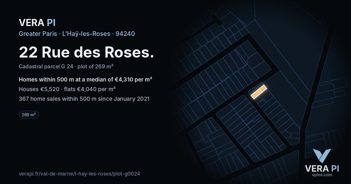 22 Rue des Roses, L'Haÿ-les-Roses at night – the plot lit, the parcels around coloured by the prices near them