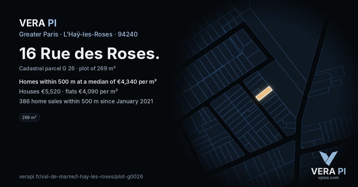 16 Rue des Roses, L'Haÿ-les-Roses at night – the plot lit, the parcels around coloured by the prices near them