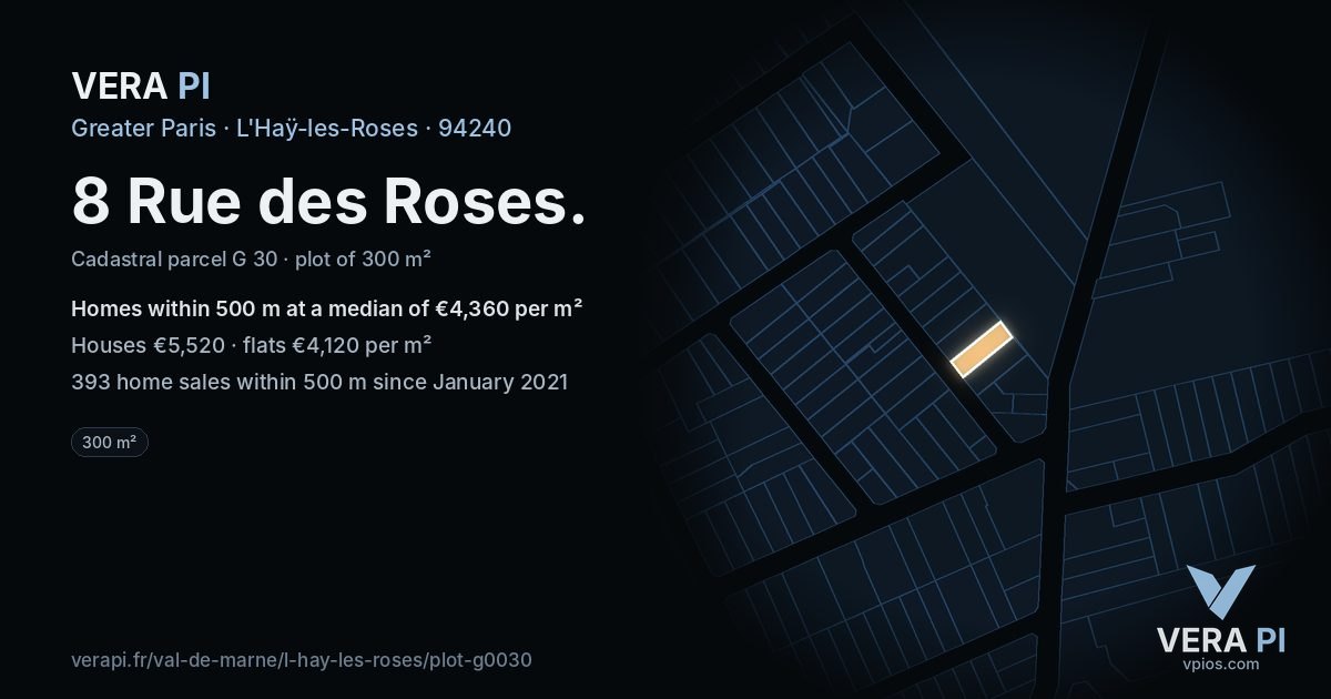8 Rue des Roses, L'Haÿ-les-Roses at night – the plot lit, the parcels around coloured by the prices near them