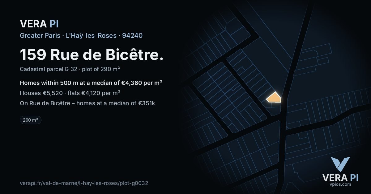 159 Rue de Bicêtre, L'Haÿ-les-Roses at night – the plot lit, the parcels around coloured by the prices near them