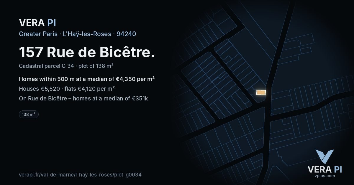 157 Rue de Bicêtre, L'Haÿ-les-Roses at night – the plot lit, the parcels around coloured by the prices near them