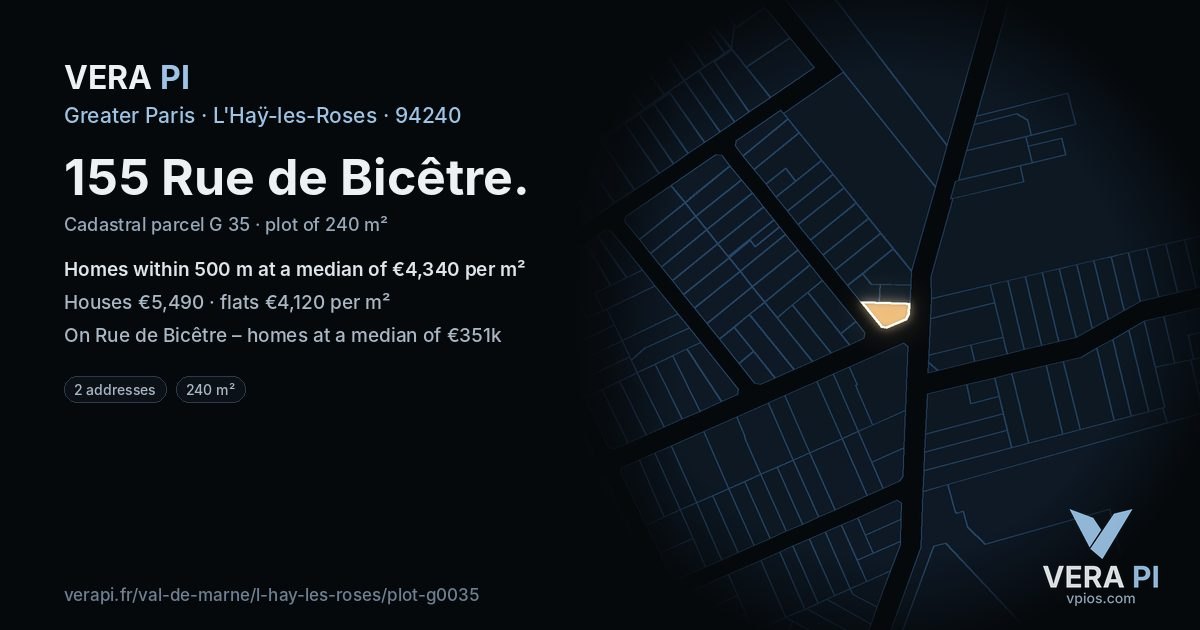 155 Rue de Bicêtre, L'Haÿ-les-Roses at night – the plot lit, the parcels around coloured by the prices near them