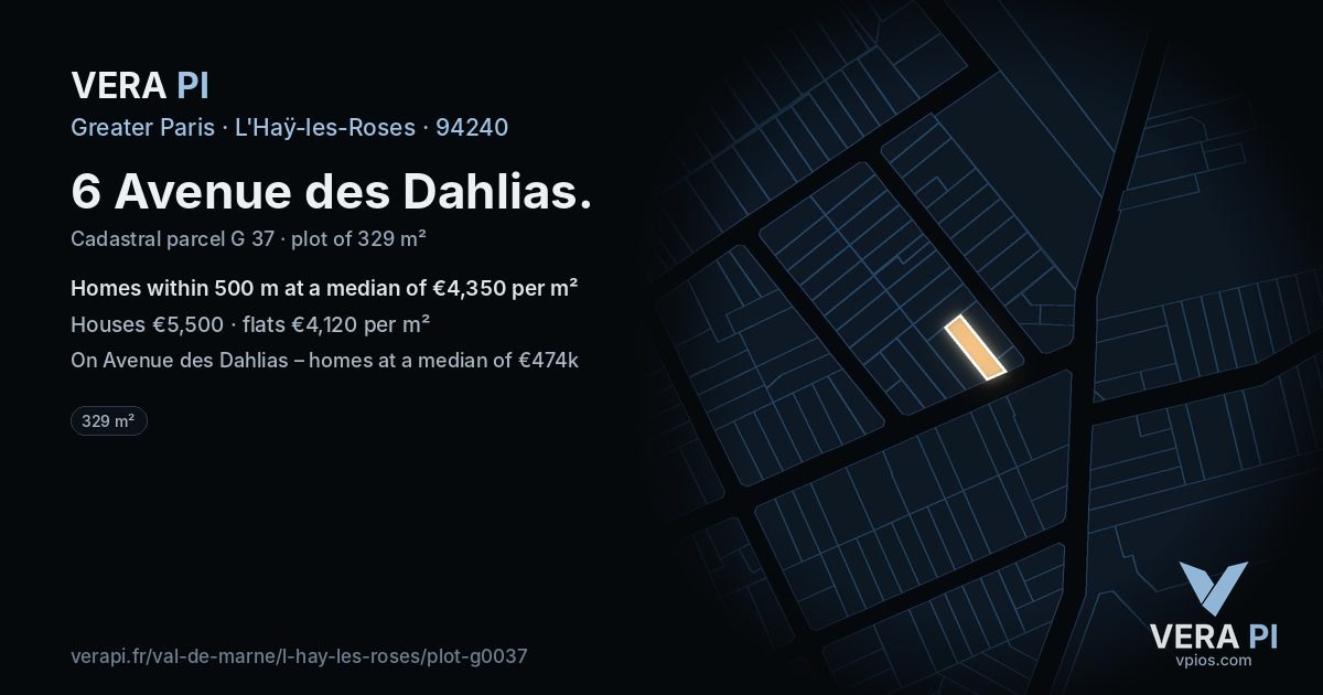 6 Avenue des Dahlias, L'Haÿ-les-Roses at night – the plot lit, the parcels around coloured by the prices near them