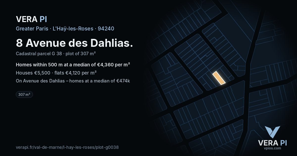 8 Avenue des Dahlias, L'Haÿ-les-Roses at night – the plot lit, the parcels around coloured by the prices near them