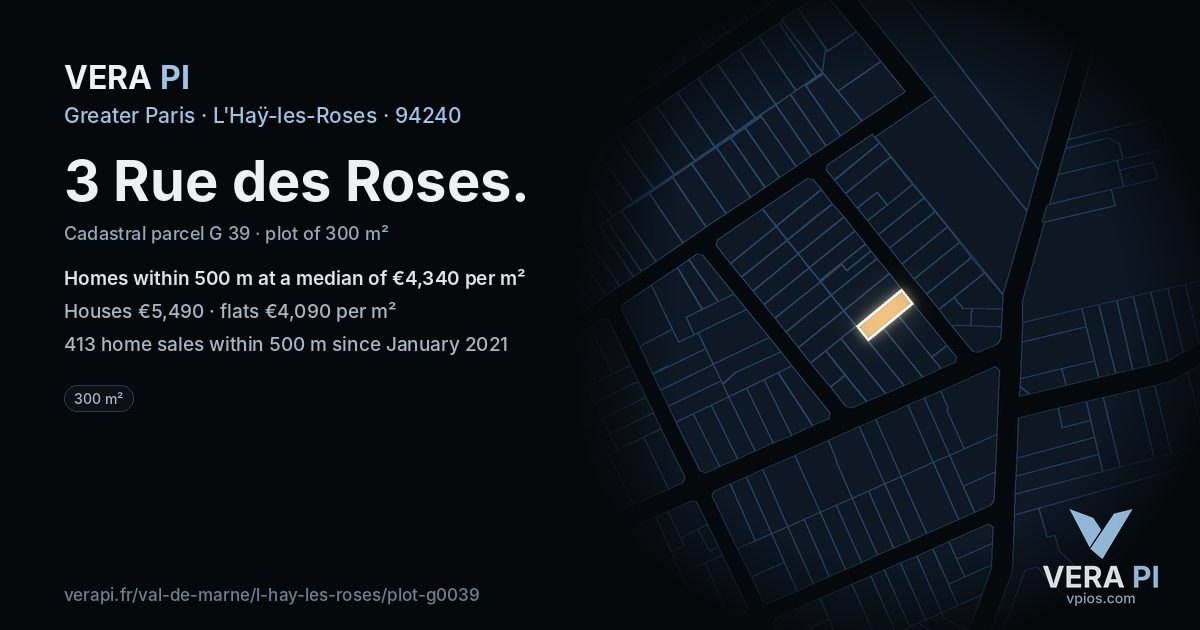 3 Rue des Roses, L'Haÿ-les-Roses at night – the plot lit, the parcels around coloured by the prices near them