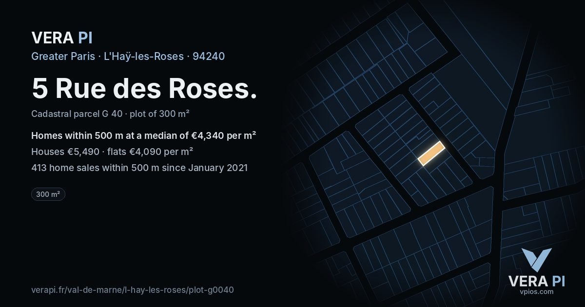 5 Rue des Roses, L'Haÿ-les-Roses at night – the plot lit, the parcels around coloured by the prices near them