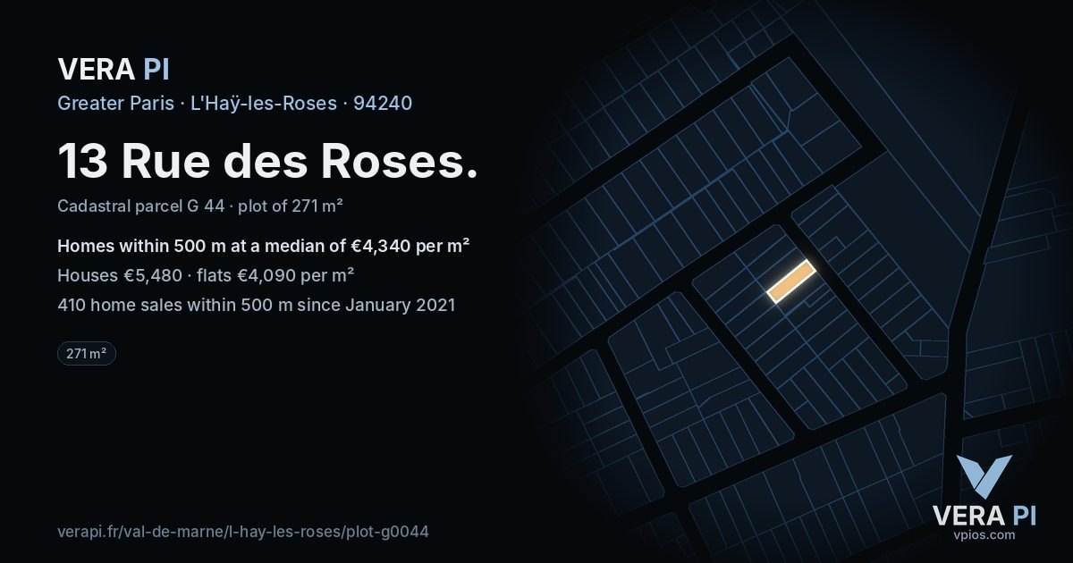 13 Rue des Roses, L'Haÿ-les-Roses at night – the plot lit, the parcels around coloured by the prices near them