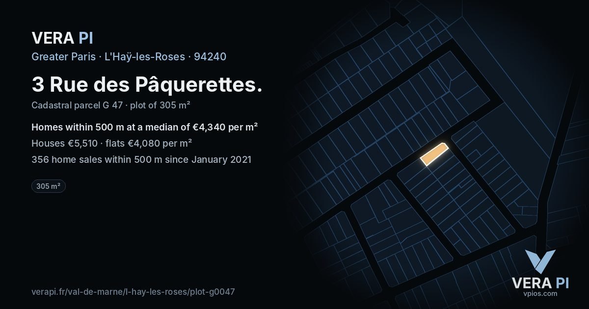 3 Rue des Pâquerettes, L'Haÿ-les-Roses at night – the plot lit, the parcels around coloured by the prices near them