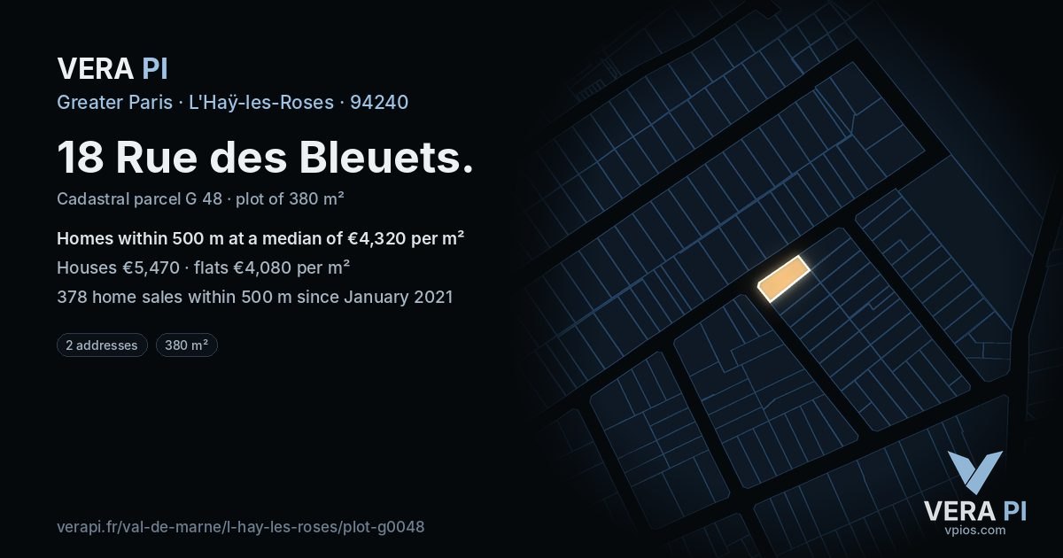 18 Rue des Bleuets, L'Haÿ-les-Roses at night – the plot lit, the parcels around coloured by the prices near them
