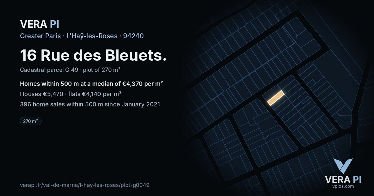 16 Rue des Bleuets, L'Haÿ-les-Roses at night – the plot lit, the parcels around coloured by the prices near them