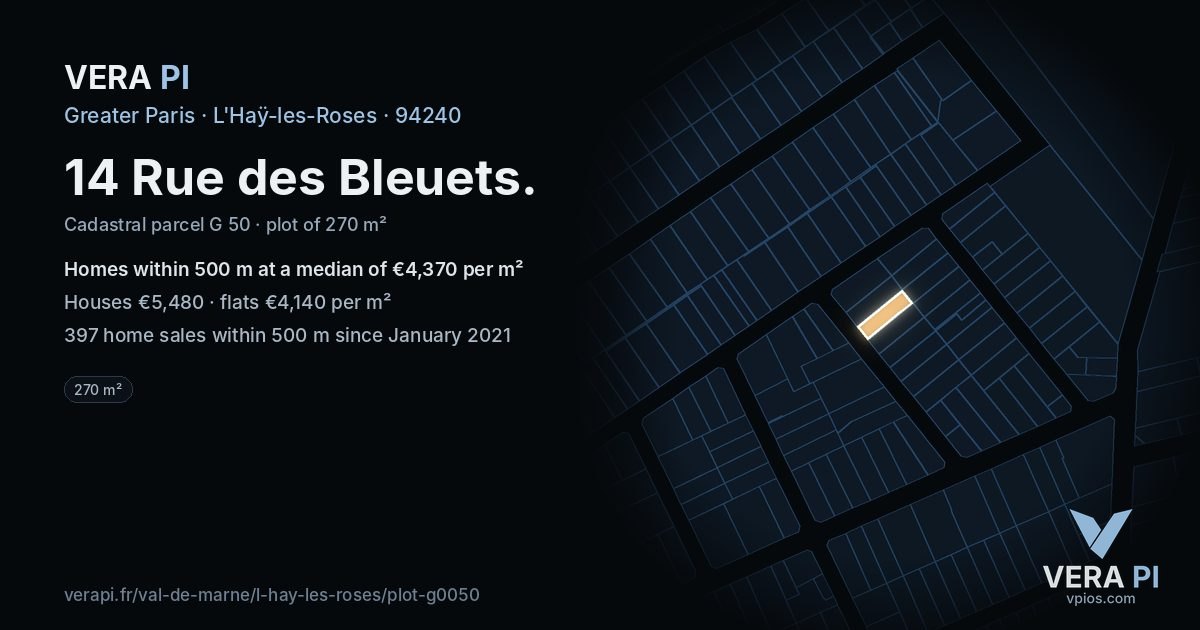 14 Rue des Bleuets, L'Haÿ-les-Roses at night – the plot lit, the parcels around coloured by the prices near them