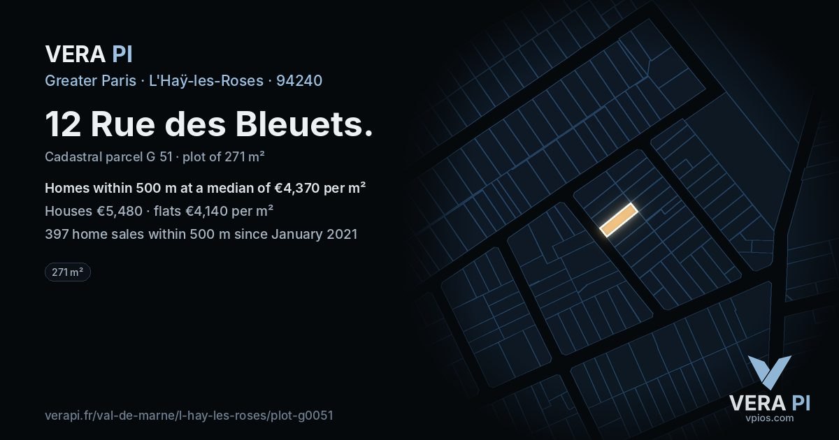12 Rue des Bleuets, L'Haÿ-les-Roses at night – the plot lit, the parcels around coloured by the prices near them