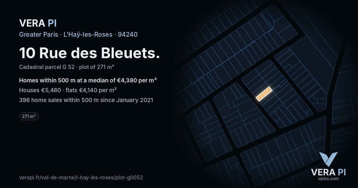 10 Rue des Bleuets, L'Haÿ-les-Roses at night – the plot lit, the parcels around coloured by the prices near them
