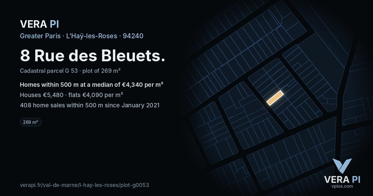 8 Rue des Bleuets, L'Haÿ-les-Roses at night – the plot lit, the parcels around coloured by the prices near them