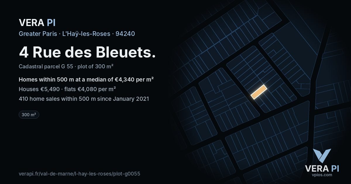 4 Rue des Bleuets, L'Haÿ-les-Roses at night – the plot lit, the parcels around coloured by the prices near them