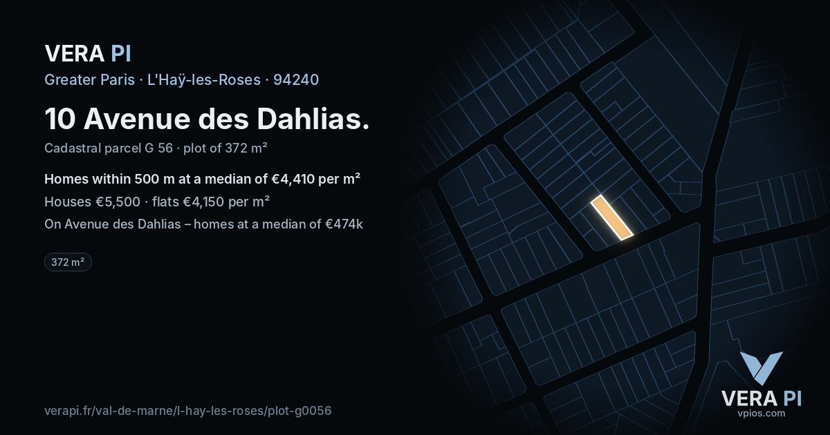 10 Avenue des Dahlias, L'Haÿ-les-Roses at night – the plot lit, the parcels around coloured by the prices near them
