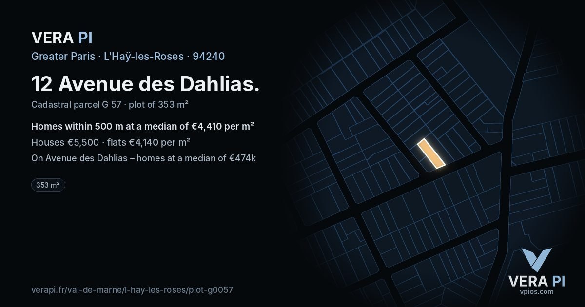 12 Avenue des Dahlias, L'Haÿ-les-Roses at night – the plot lit, the parcels around coloured by the prices near them