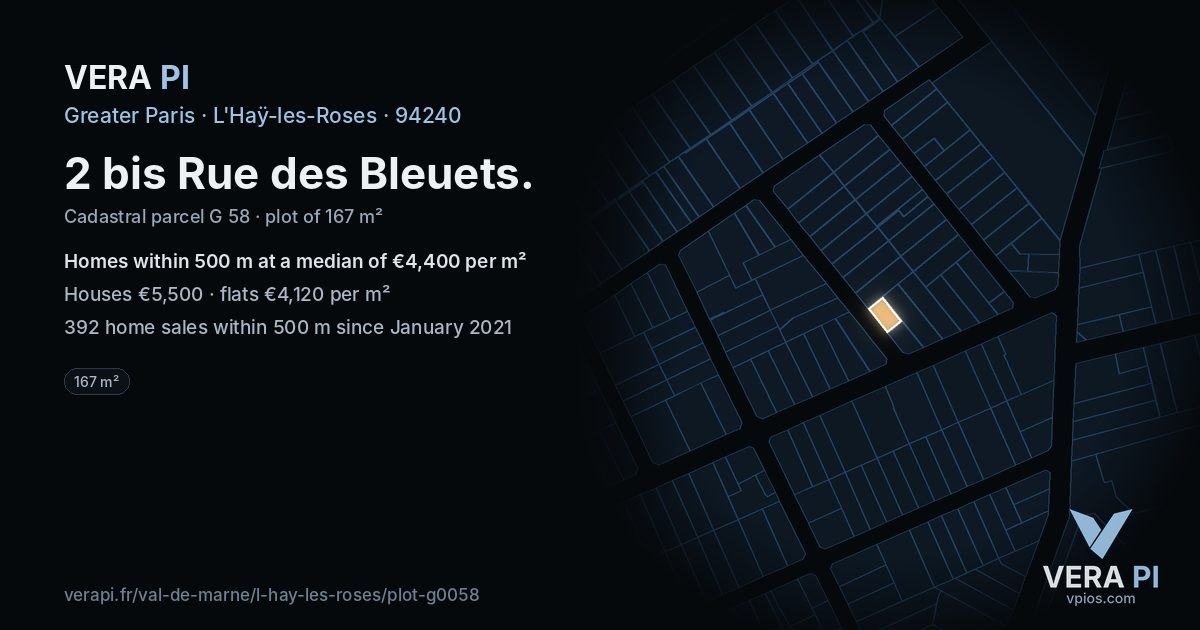 2 bis Rue des Bleuets, L'Haÿ-les-Roses at night – the plot lit, the parcels around coloured by the prices near them