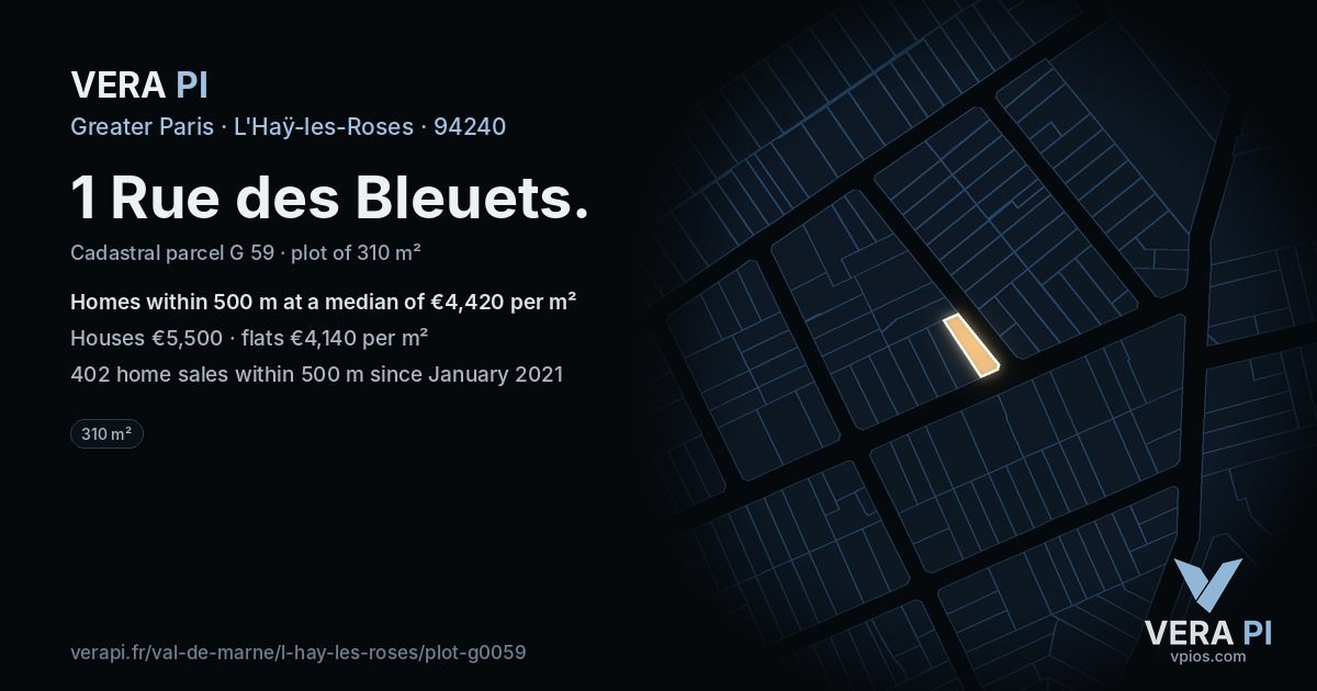 1 Rue des Bleuets, L'Haÿ-les-Roses at night – the plot lit, the parcels around coloured by the prices near them
