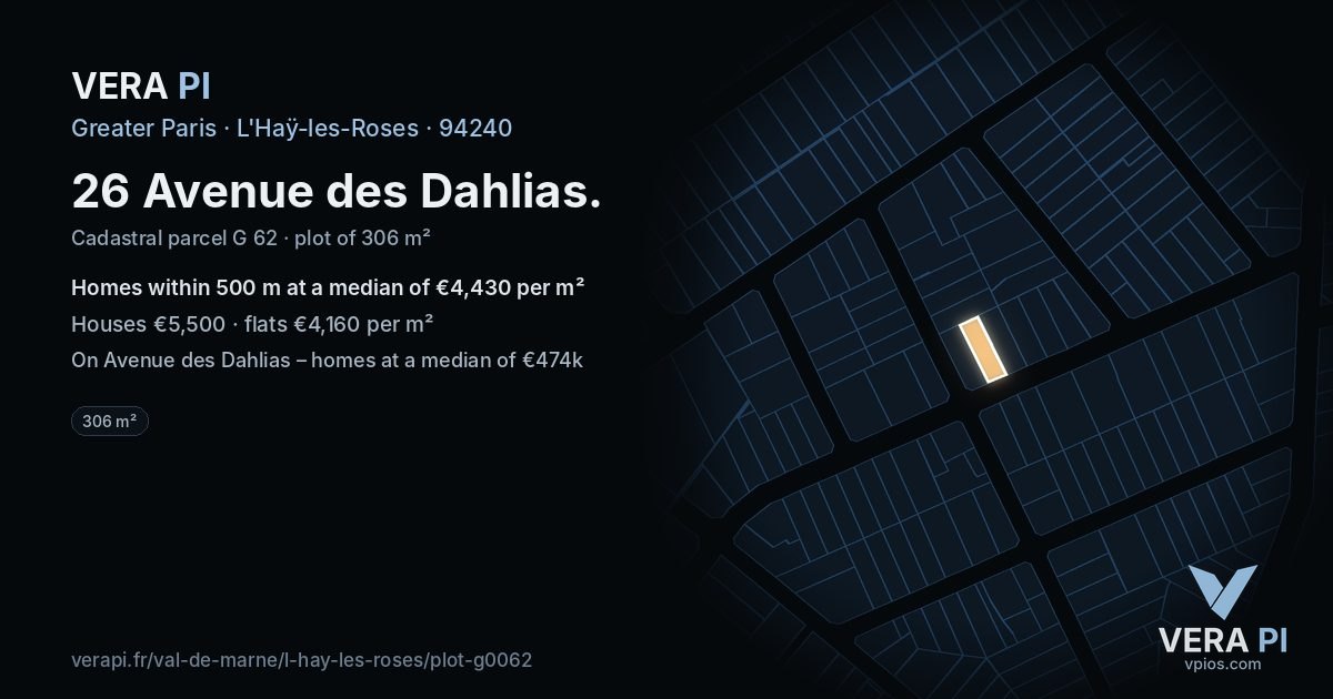 26 Avenue des Dahlias, L'Haÿ-les-Roses at night – the plot lit, the parcels around coloured by the prices near them
