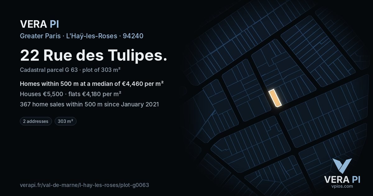 22 Rue des Tulipes, L'Haÿ-les-Roses at night – the plot lit, the parcels around coloured by the prices near them