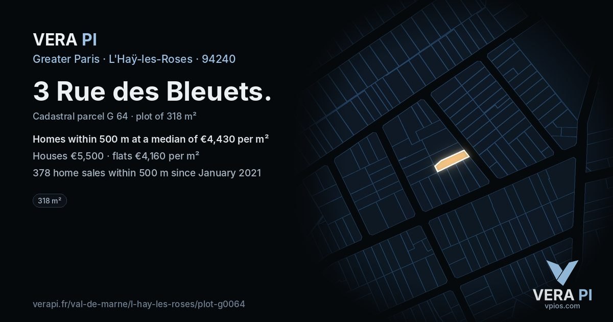 3 Rue des Bleuets, L'Haÿ-les-Roses at night – the plot lit, the parcels around coloured by the prices near them
