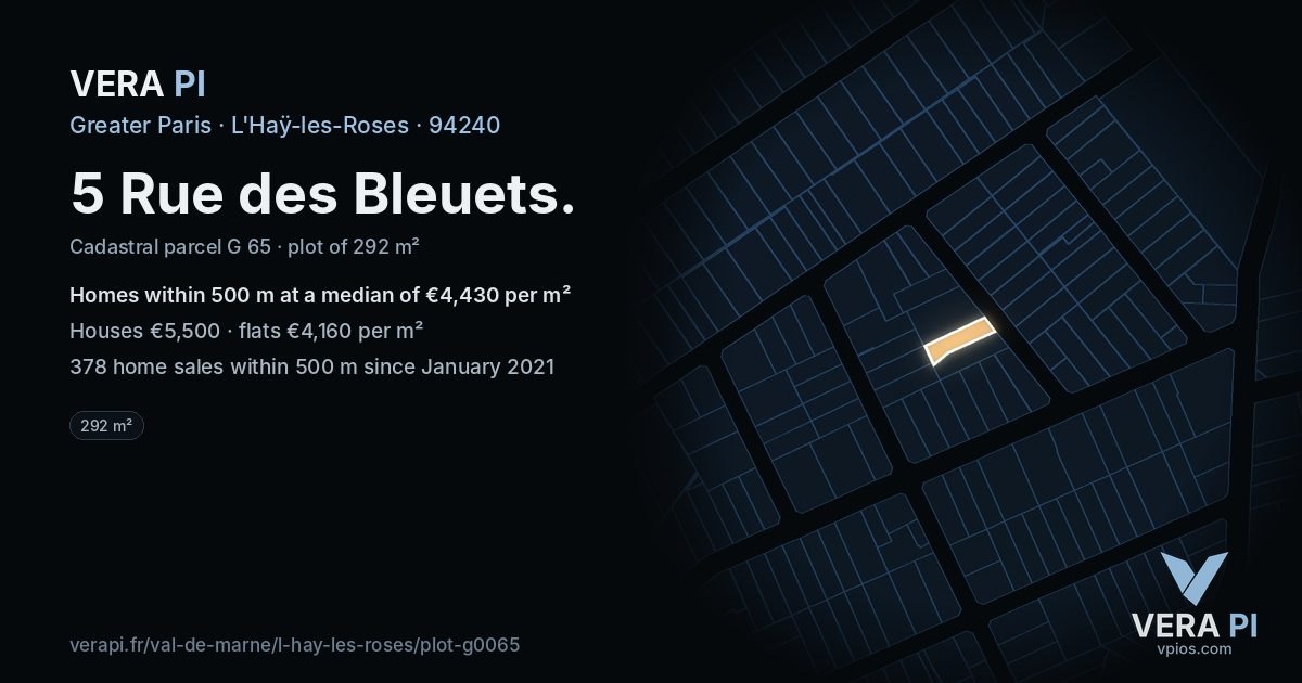 5 Rue des Bleuets, L'Haÿ-les-Roses at night – the plot lit, the parcels around coloured by the prices near them