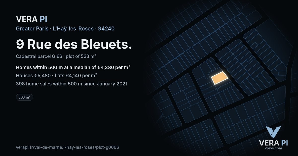 9 Rue des Bleuets, L'Haÿ-les-Roses at night – the plot lit, the parcels around coloured by the prices near them