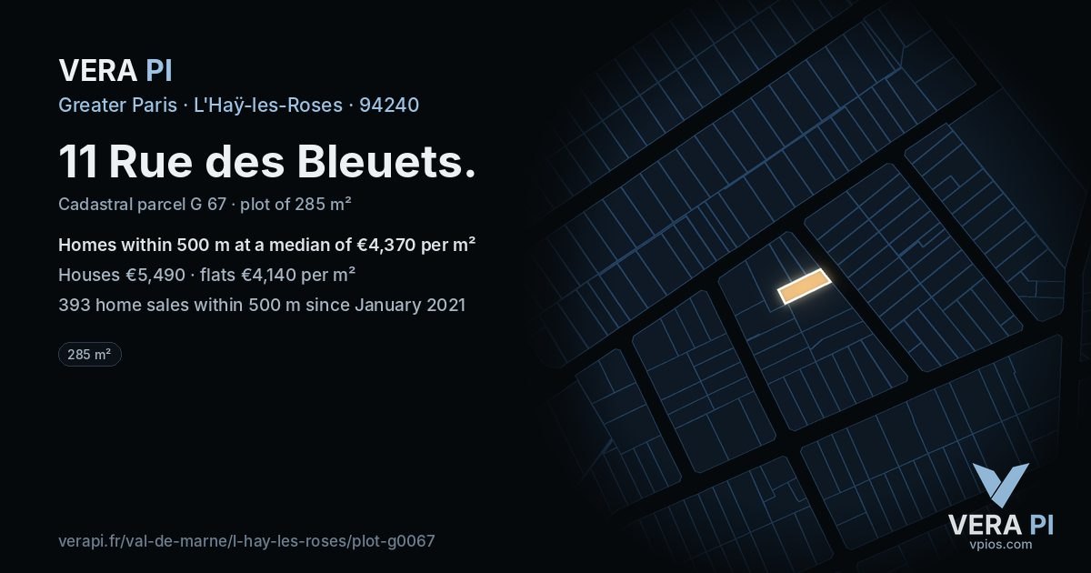 11 Rue des Bleuets, L'Haÿ-les-Roses at night – the plot lit, the parcels around coloured by the prices near them