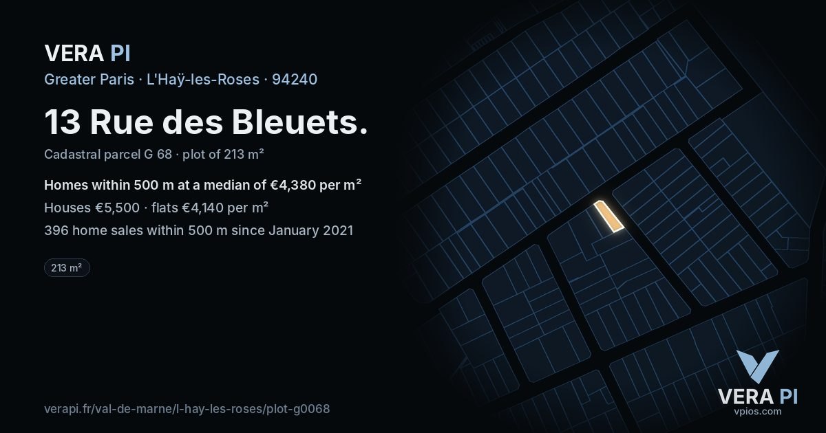 13 Rue des Bleuets, L'Haÿ-les-Roses at night – the plot lit, the parcels around coloured by the prices near them