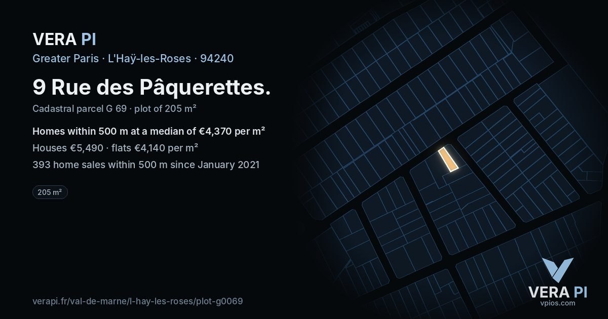 9 Rue des Pâquerettes, L'Haÿ-les-Roses at night – the plot lit, the parcels around coloured by the prices near them