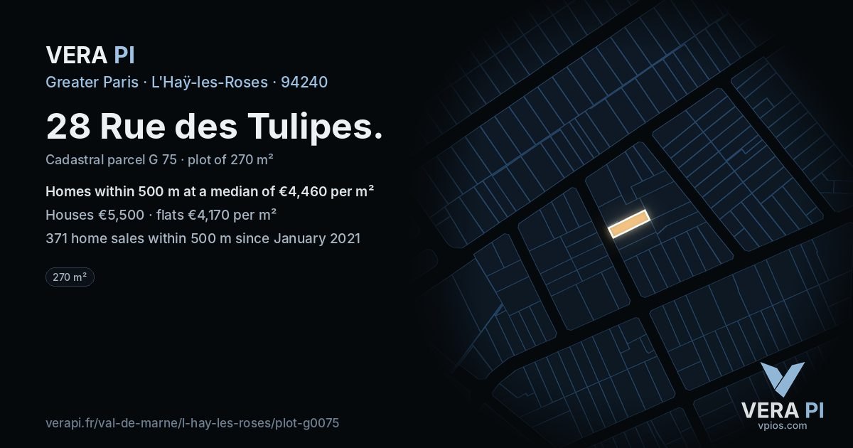 28 Rue des Tulipes, L'Haÿ-les-Roses at night – the plot lit, the parcels around coloured by the prices near them