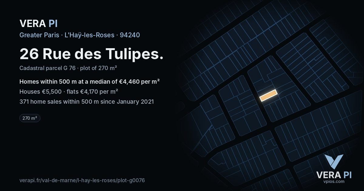 26 Rue des Tulipes, L'Haÿ-les-Roses at night – the plot lit, the parcels around coloured by the prices near them