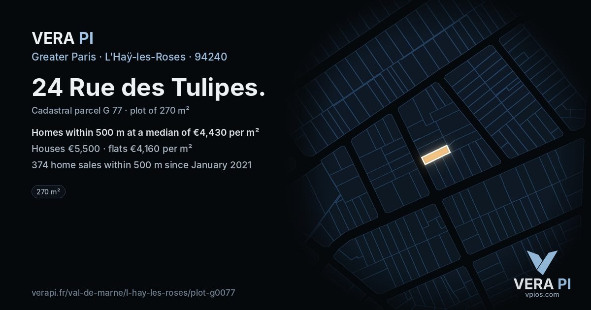 24 Rue des Tulipes, L'Haÿ-les-Roses at night – the plot lit, the parcels around coloured by the prices near them